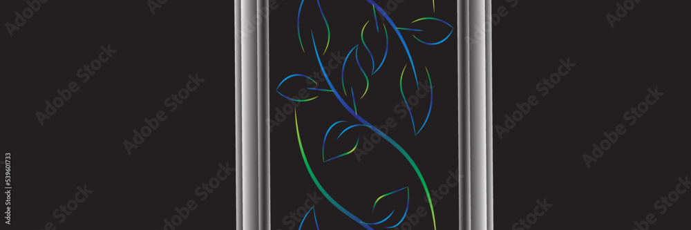 Abstract black background with blue and green leaves