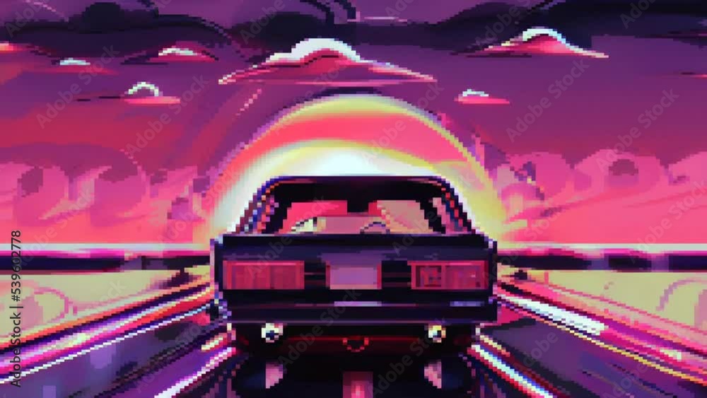 Retro Wave Car Neon Lights Sunset Motion Pixel Art 80s 90s Loop Stock ...