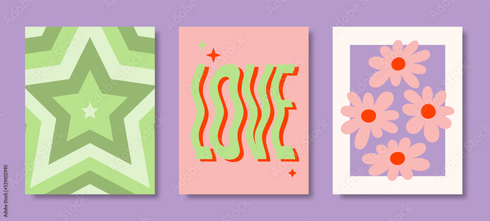 Y2K Posters Set. Vector Violet, Green, Pink Psychedelic Background: Repeated Star, Word Love, Daisy Flowers