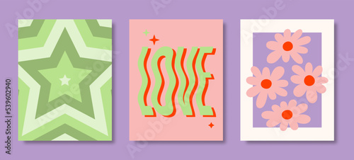 Y2K Posters Set. Vector Violet  Green  Pink Psychedelic Background  Repeated Star  Word Love  Daisy Flowers