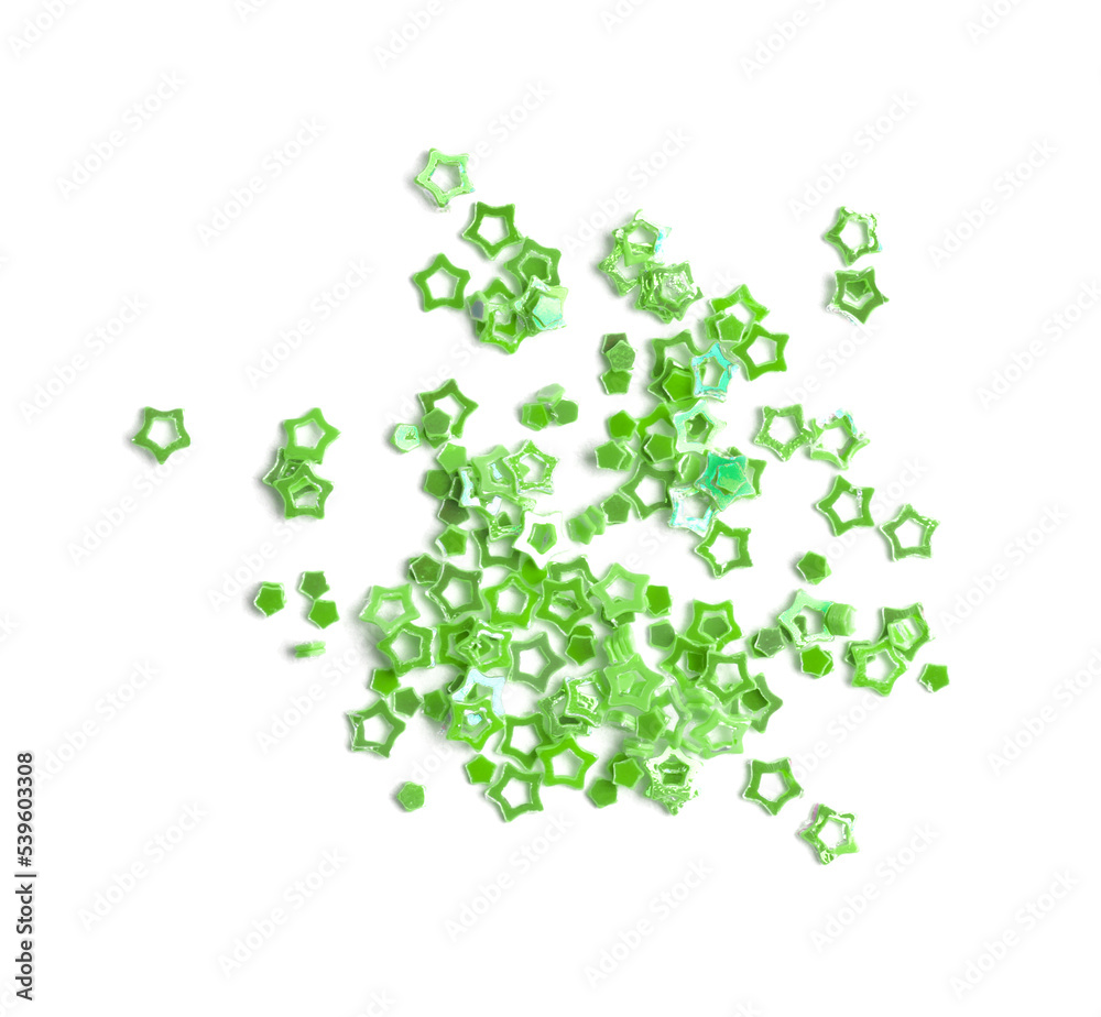 Green sequins in shape of stars isolated on white, top view Green sequins in shape of stars isolated on white, top view