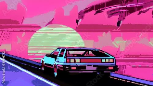 Vaporwave Car Neon Lights Sunset Motion Pixel Art 80s 90s