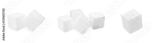 Set with styrofoam cubes on white background. Banner design photo