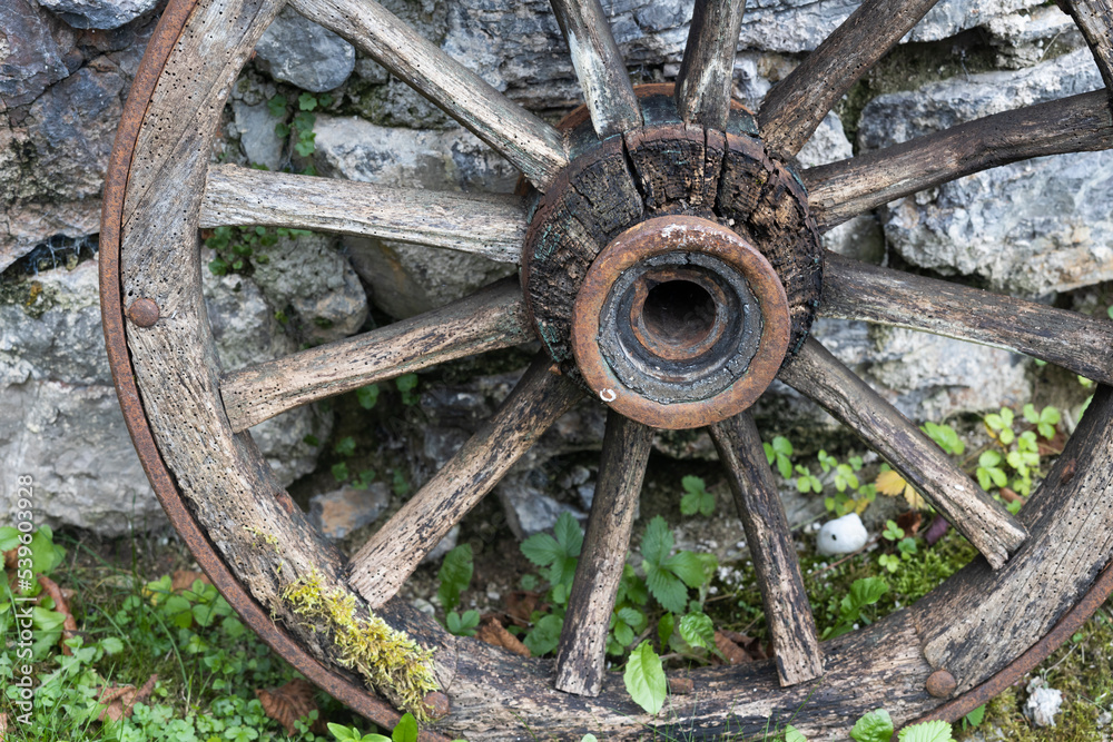 Old Wooden Wheel of Ancient Wagon Close Up Full Frame Detail of the Past