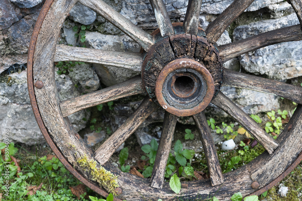 Old Wooden Wheel of Ancient Wagon Close Up Full Frame Detail of the Past Old Wooden Wheel of Ancient Wagon Close Up Full Frame Detail of the Past