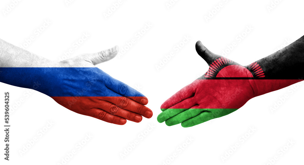 Handshake between Malawi and Russia flags painted on hands, isolated transparent image.