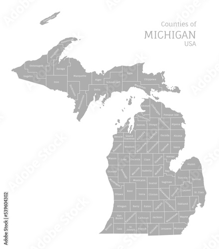 Highly detailed gray map of Michigan, US state. Editable administrative map of Michigan with territory borders and counties names labeled realistic vector illustration