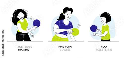 Set of happy girls ping pong players in sports outfit. Female characters playing table tennis hitting ball with racket at physical training or school sport class cartoon thin line vector illustration