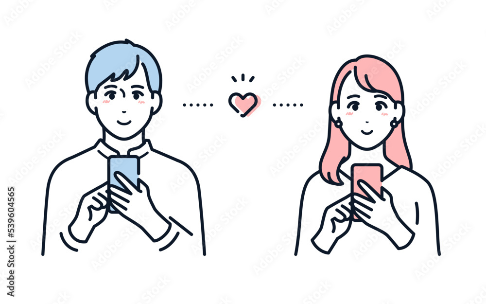 マッチングアプリを利用する若い男女のシンプルなベクターイラスト素材 マッチングアプリを利用する若い男女のシンプルなベクターイラスト素材