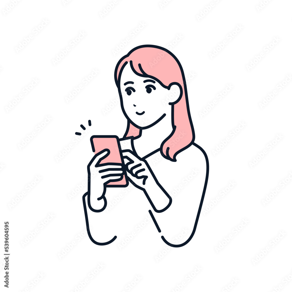 笑顔でスマホを操作する若い女性のシンプルなベクターイラスト素材 笑顔でスマホを操作する若い女性のシンプルなベクターイラスト素材