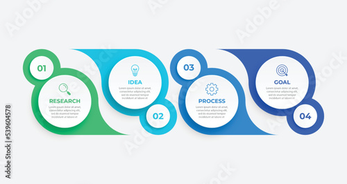 Business infographics. Timeline with 4 steps, options, circles. Vector template.