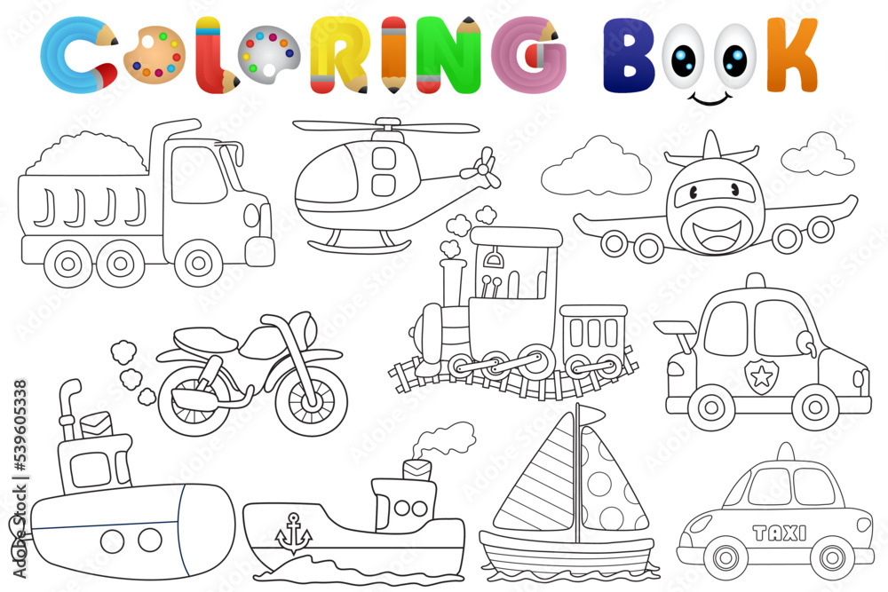 Coloring book with transportations cartoon