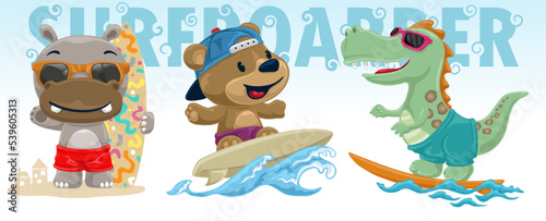 Set of hand drawn funny animals surfing