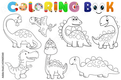 Coloring book with group of funny dinosaurs cartoon