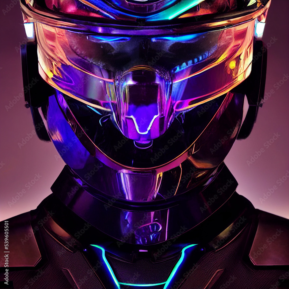 Portrait of cyber man with neon glowing armor and modern helmet with vizor. Bionomic robot. Cyberspace Augmented Reality, futuristic vision. 3d render on dark backdrop. Dystopian vibe. Portrait of cyber man with neon glowing armor and modern helmet with vizor. Bionomic robot. Cyberspace Augmented Reality, futuristic vision. 3d render on dark backdrop. Dystopian vibe.