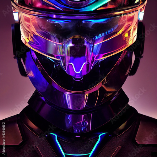 Portrait of cyber man with neon glowing armor and modern helmet with vizor. Bionomic robot. Cyberspace Augmented Reality, futuristic vision. 3d render on dark backdrop. Dystopian vibe.