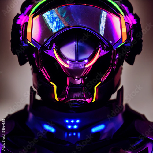 Robot cyborg person male futuristic neon. XIS10CIAL Neo god serie.  Neon glowing armor and helmet with vizor. Cyberspace Augmented Reality, futuristic vision. 3d render on dark backdrop. © Marc