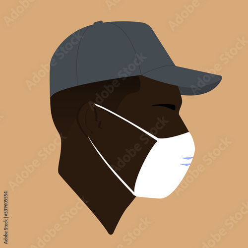 Silhouette. Portrait. Black man head in the mask. Head in the mask flat colored illustration. Head silhouette. The head of a black guy in a baseball cap. Quarantine 