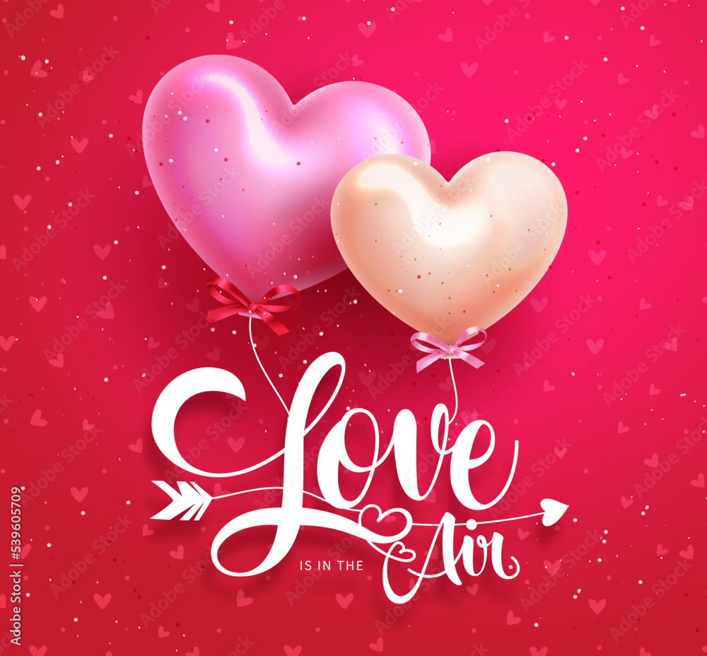 Valentine's text vector background design. Love is in the air typography with heart balloons elements in pattern background. Vector Illustration.
