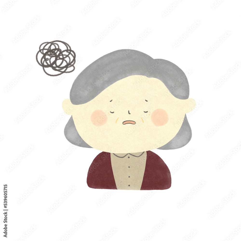 水彩画　モヤモヤと悩むおばあちゃん　手描きイラスト素材