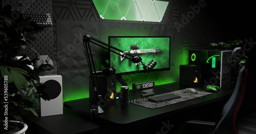 A general view of the comfortable workplace of a professional gamer and cybersprotsman. The interior is in dark colors. 3D render.