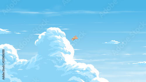 vector illustration of the cumulonimbus clouds image with a biplane flying in the blue sky photo