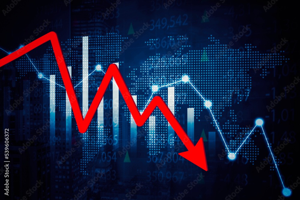 Red declining arrow with world map background Red declining arrow with world map background
