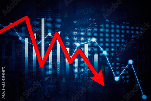 Red declining arrow with world map background