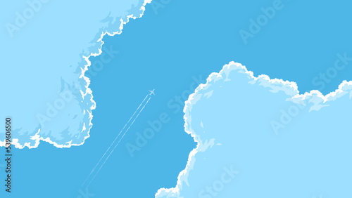 vector illustration of an airplane flying through between 2 clouds in the sky