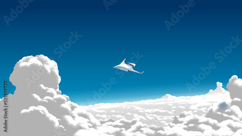 vector illustration of a futuristic airplane flying over a cloudscape at a high altitude