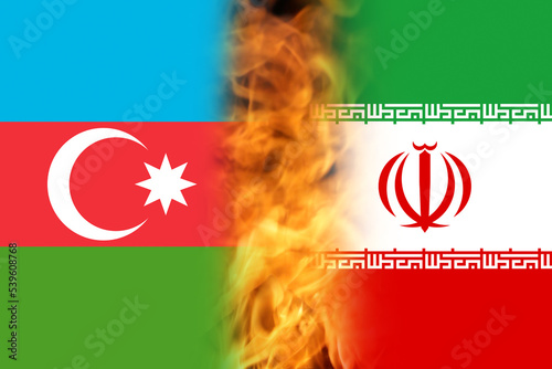 Defocus of flag background, Iran and Azerbaijan relationship in crisis, Azerbaijan's relations with Iran. War Russia. Out of focus