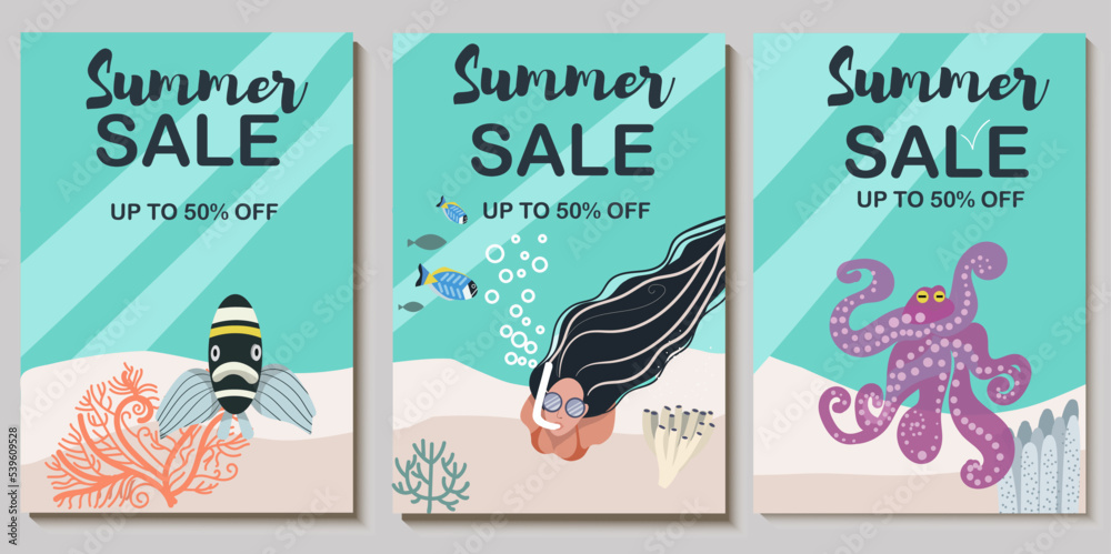 Colorful vector Summer sale poster, banner, background, vacation mood, postcard, invitation, summer vibes, woman, diving, snorkeling, coral, fish, tropical, tag, vacation, vacation.