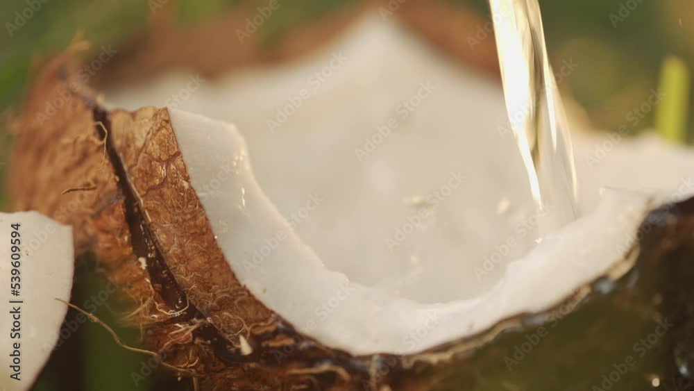 Slow motion shot of milk splashing on coconut