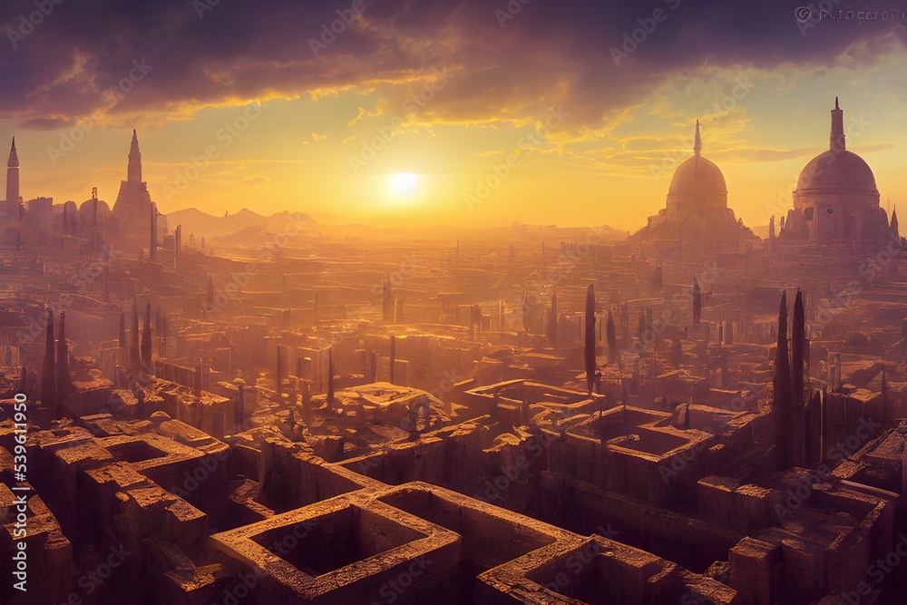 Naklejka premium Sun rises on an ancient, powerful city..