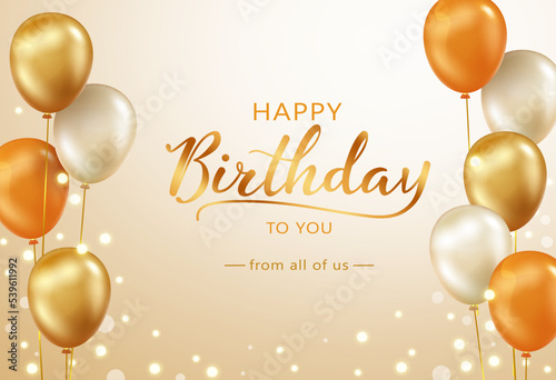 Happy birthday vector background design. Happy birthday to you greeting text with golden balloons and bokeh lights element for elegant birth day. Vector illustration.
