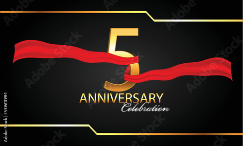 5 anniversary celebration. 5th anniversary celebration.  5 year anniversary celebration with red ribbon and black background.