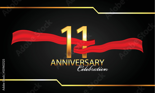 11 anniversary celebration. 11th anniversary celebration.  11 year anniversary celebration with red ribbon and black background.