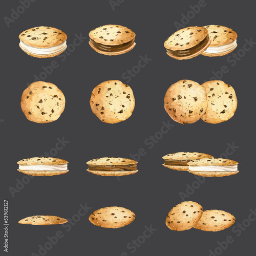 Set of Chocolate and vanilla filled sandwich cookies with choco chips from different angles on the side, top, front. Hand drawn watercolor vector illustration.
