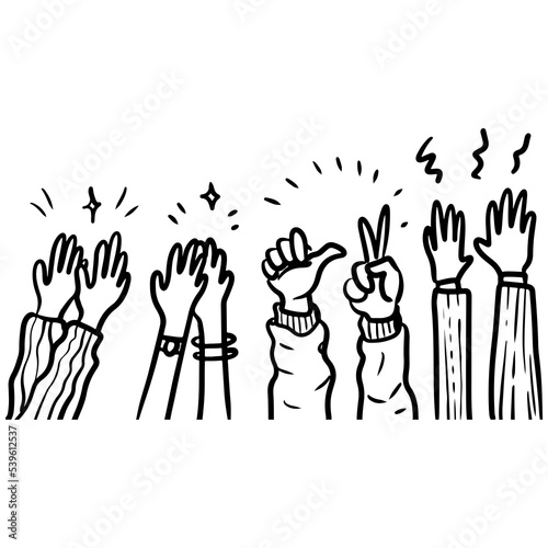 Applause hand draw, doodle clapping ovation. thumbs up gesture isolated on white background , vector illustration.