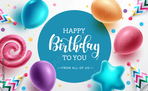 Birthday template vector background design. Happy birthday text in blue circle space with balloons and party hat elements for birth day messages. Vector illustration.
