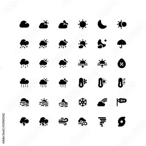 Cute weather solid glyph icon set with the forecast related icons