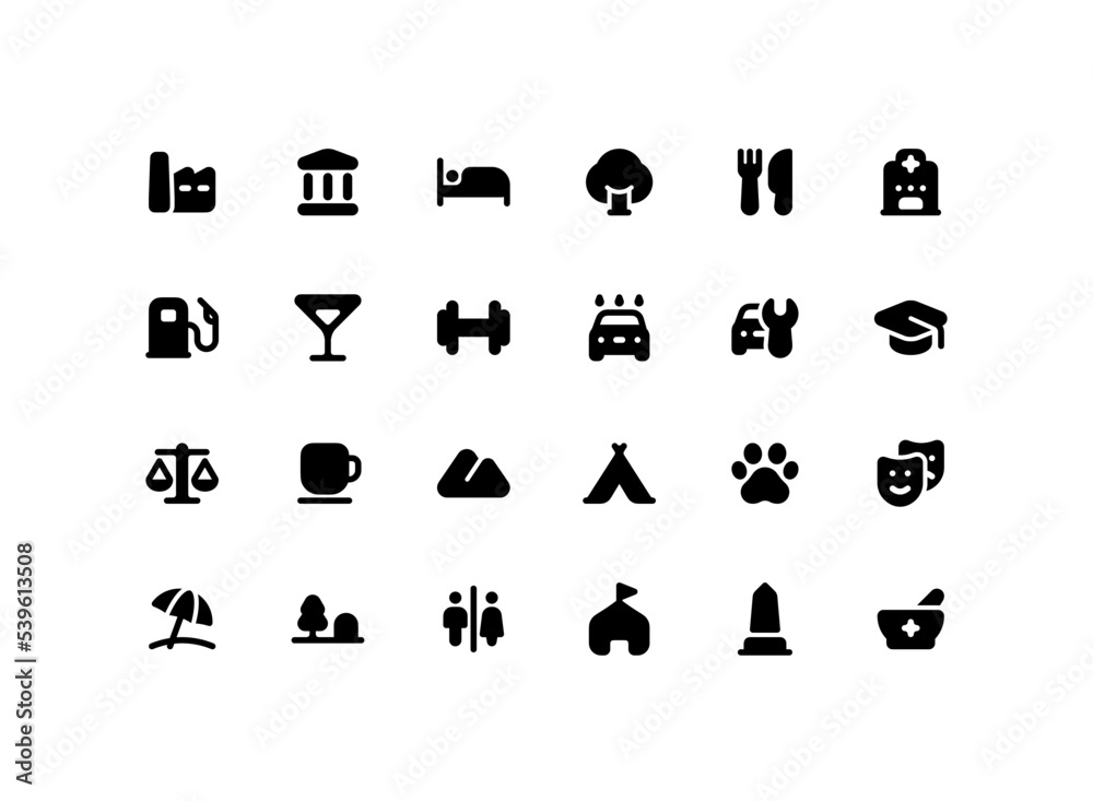 Cute map pointer solid glyph icon set with places related icons Cute map pointer solid glyph icon set with places related icons