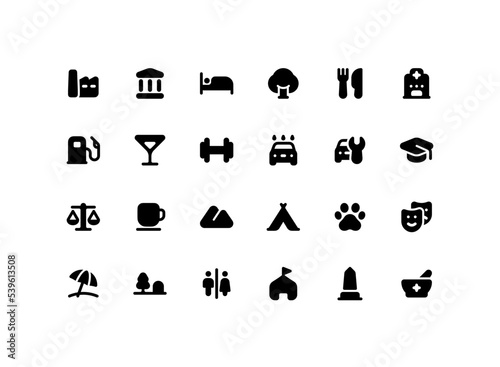 Cute map pointer solid glyph icon set with places related icons