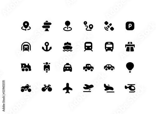 Cute map pointer solid glyph icon set with transportation related icons