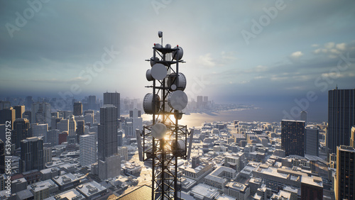 Telecommunication tower with 5G cellular network antenna on city background, 3d render photo