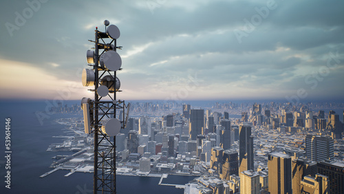 Telecommunication tower with 5G cellular network antenna on city background, 3d render photo