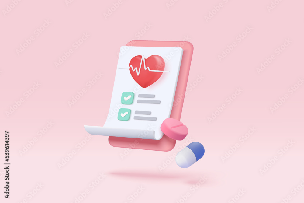 3d first aid medicine with check list for health pharmaceutical. Cartoon minimal of first aid and health care. Medical symbol of emergency help. 3d pharmacy drug icon vector render illustration - obrazy, fototapety, plakaty 