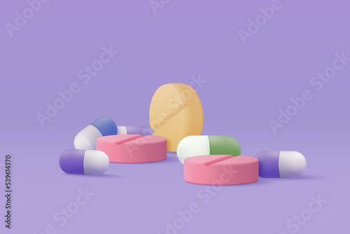 3d pharmacy drug for health pharmaceutical on purple background. Cartoon minimal of first aid and health care. Medical symbol of emergency help. 3d aid medicine icon vector render illustration