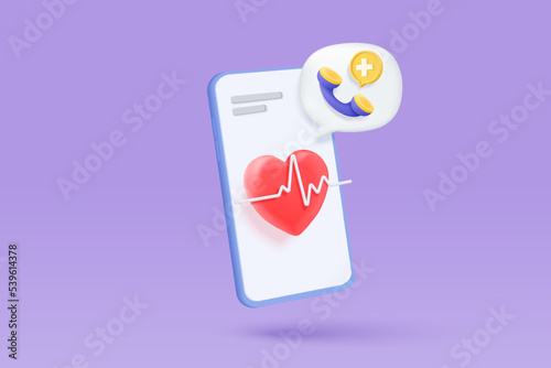 3d first aid medicine and emergency call to hospital for diagnostic health pharmaceutical. Heart checkup online consultation with doctor on phone. 3d diagnostic urgency icon vector render illustration