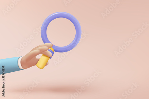 3D minimal magnifying glass in business hand on pink background. Search bar design element on web browser. 3d magnifier icon vector render for UI illustration in pastel background